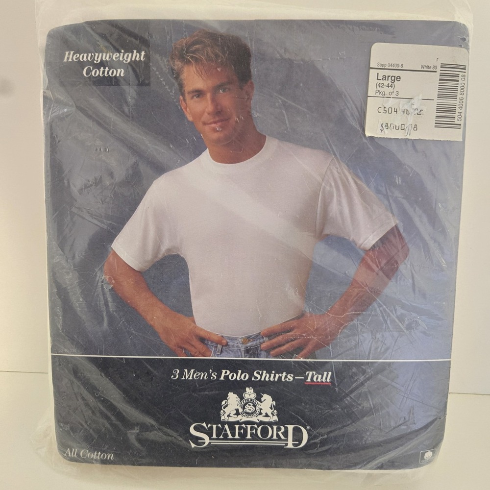 Stafford Polo Men's L 42-44 TALL Heavyweight 3 Pack Crew Neck White NOS NEW